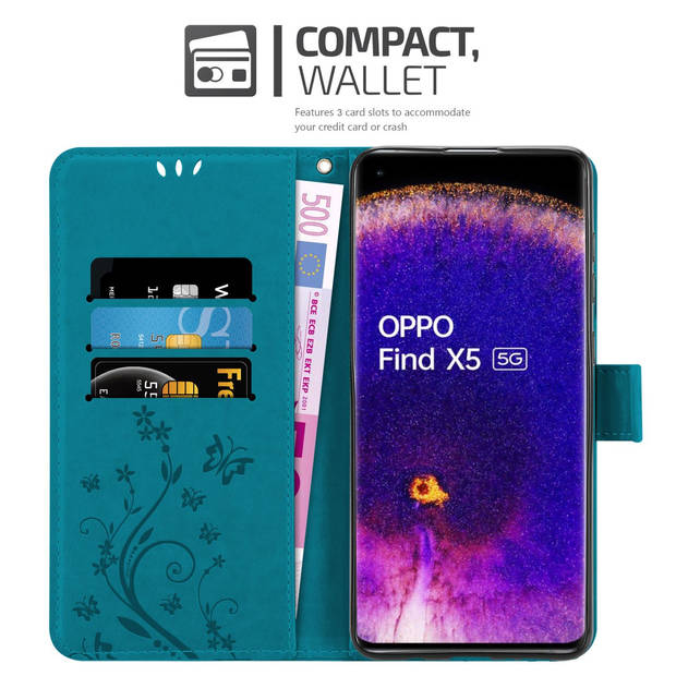 Cadorabo Hoesje geschikt voor Oppo FIND X5 in BLOEMEN BLAUW - Beschermhoes Case Cover Bloemen magnetische sluiting