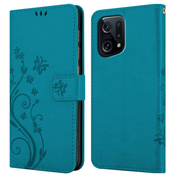 Cadorabo Hoesje geschikt voor Oppo FIND X5 in BLOEMEN BLAUW - Beschermhoes Case Cover Bloemen magnetische sluiting