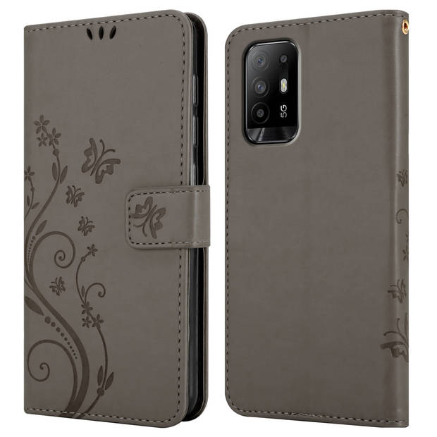 Cadorabo Hoesje geschikt voor Oppo A94 5G in BLOEMEN GRIJS - Beschermhoes Case Cover Bloemen magnetische sluiting