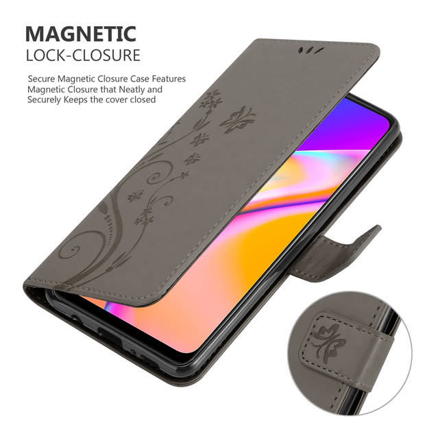 Cadorabo Hoesje geschikt voor Oppo A94 5G in BLOEMEN GRIJS - Beschermhoes Case Cover Bloemen magnetische sluiting