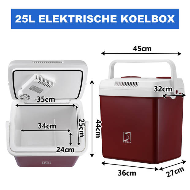 Brisby 25 Liter Elektrische Koelbox, met 12V, 220/230 Volt Aansluiting voor Auto en Camping – AC/DC - Coolbox - ROOD