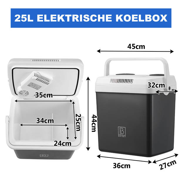 Brisby 25 Liter Elektrische Koelbox, met 12V, 220/230 Volt Aansluiting voor Auto en Camping – AC/DC - Coolbox - GRIJS