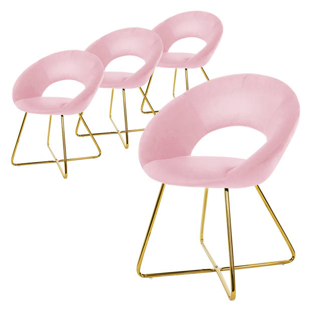 ML-Design eetkamerstoelen set van 4 roze fluweel, woonkamerstoel met ronde rugleuning, gestoffeerde stoel met gouden