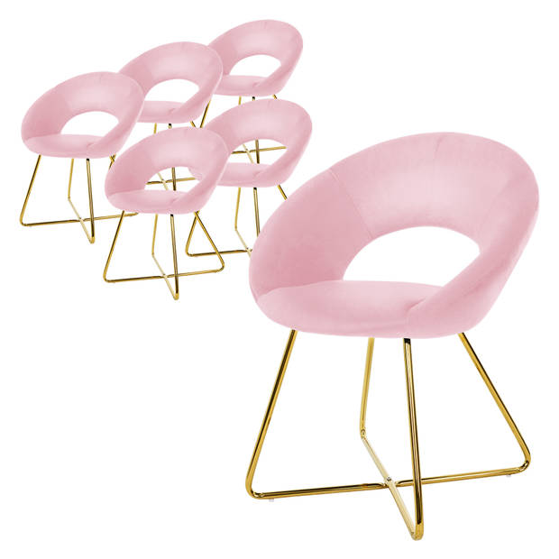 ML-Design eetkamerstoelen set van 6 roze fluweel, woonkamerstoel met ronde rugleuning, gestoffeerde stoel met gouden