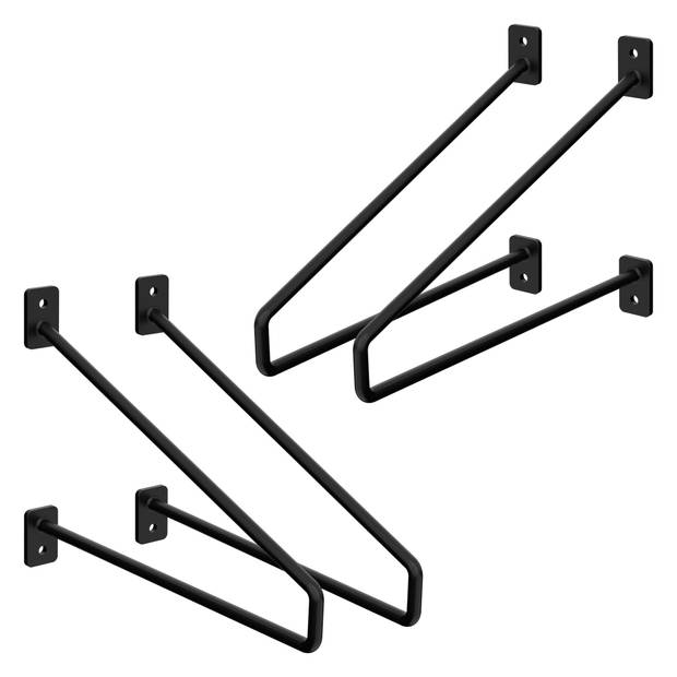 ML-Design 4 stuks plankbeugel 265 mm, zwart, gemaakt van staal, haarspeld plankbeugels, zwevende plankbeugel, haarspeld