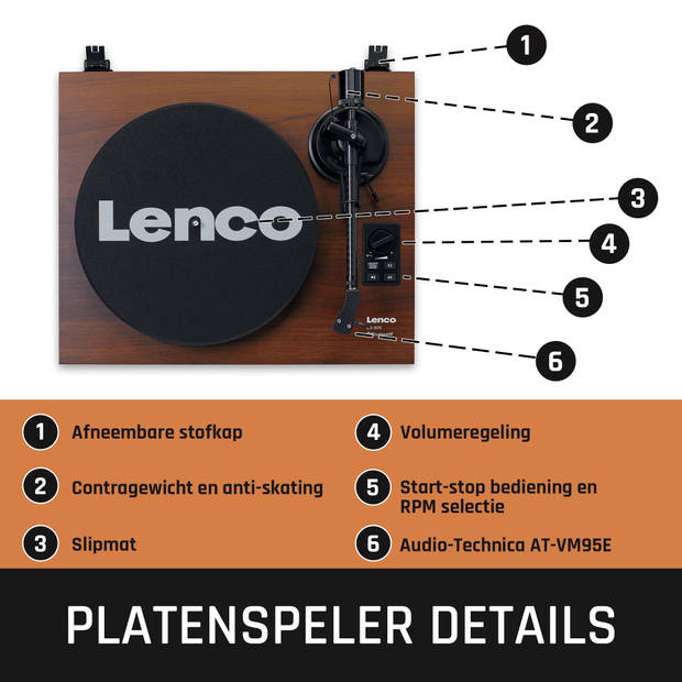 Platenspeler met ingebouwde versterker en Bluetooth® plus 2 externe speakers Lenco Walnoot