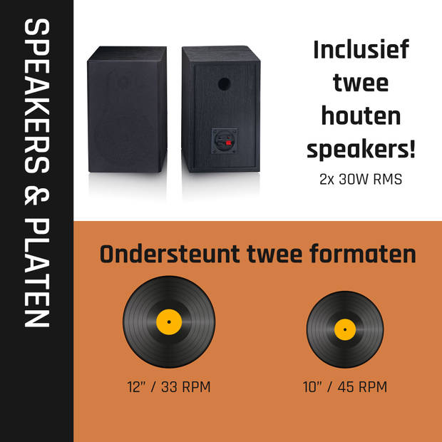 Platenspeler met ingebouwde versterker en Bluetooth® plus 2 externe speakers Lenco Zwart