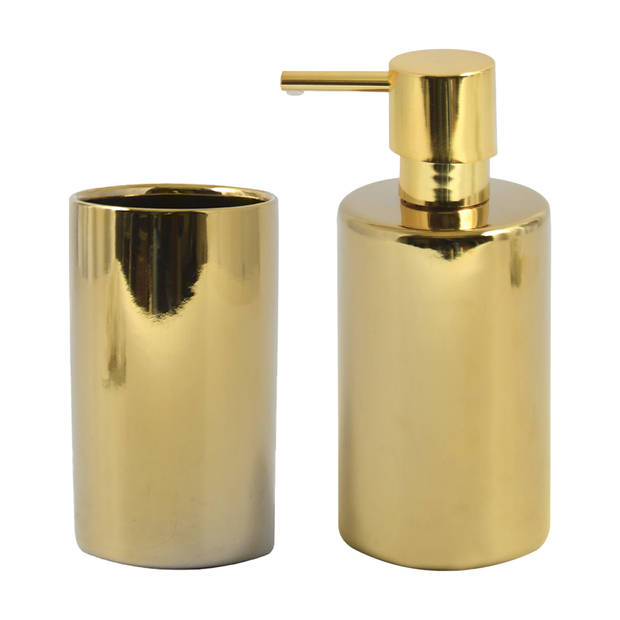 Spirella Badkamer accessoires set - zeeppompje/beker - porselein - goud - Badkameraccessoireset