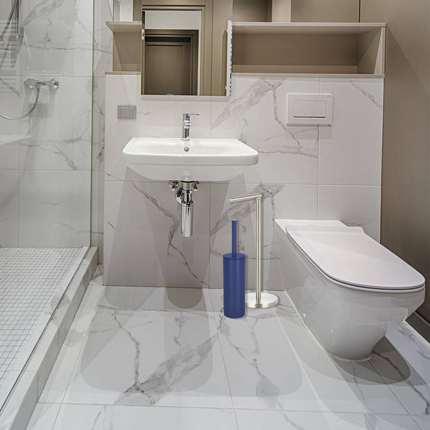 Spirella Badkamer accessoires set - WC-borstel/toiletrollen houder - donkerblauw/zilver - Badkameraccessoireset