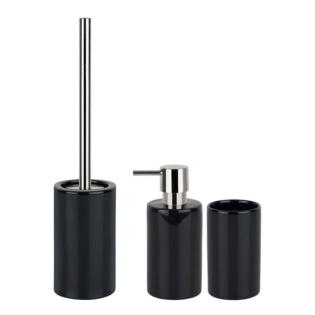 Spirella Badkamer accessoires set - WC-borstel/zeeppompje/beker - porselein - zwart - Badkameraccessoireset