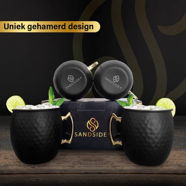 Sandside Moscow Mule Bekers Premium Cocktail Glazen Set 4x Zwart Met Luxe Giftset Verpakking