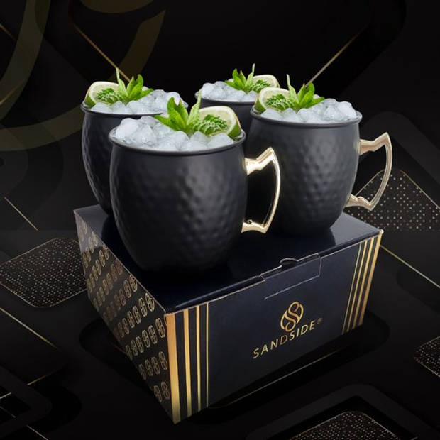 Sandside Moscow Mule Bekers Premium Cocktail Glazen Set 4x Zwart Met Luxe Giftset Verpakking