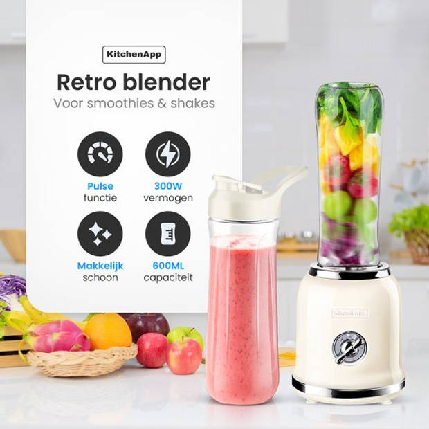 Blender to go - Retro blender - Smoothie maker - Inclusief twee bekers en meerdere accessoires - Beige