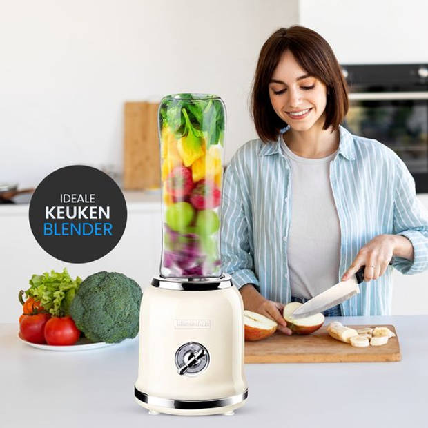 Blender to go - Retro blender - Smoothie maker - Inclusief twee bekers en meerdere accessoires - Beige