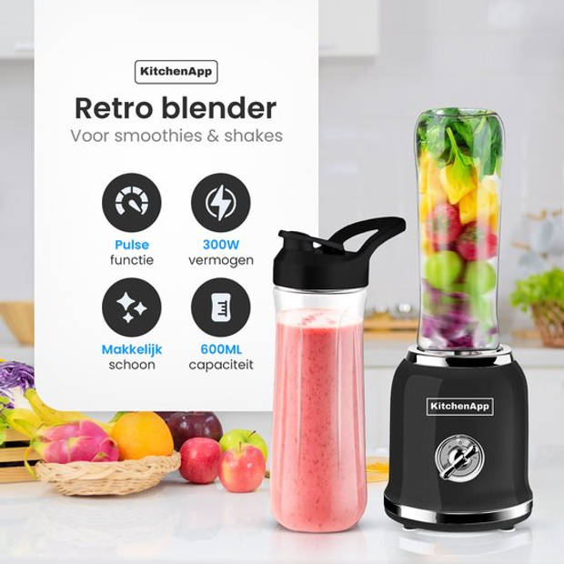 KitchenApp Blender to go - Retro blender - Smoothie maker - Inclusief twee bekers en meerdere accessoires - Zwart