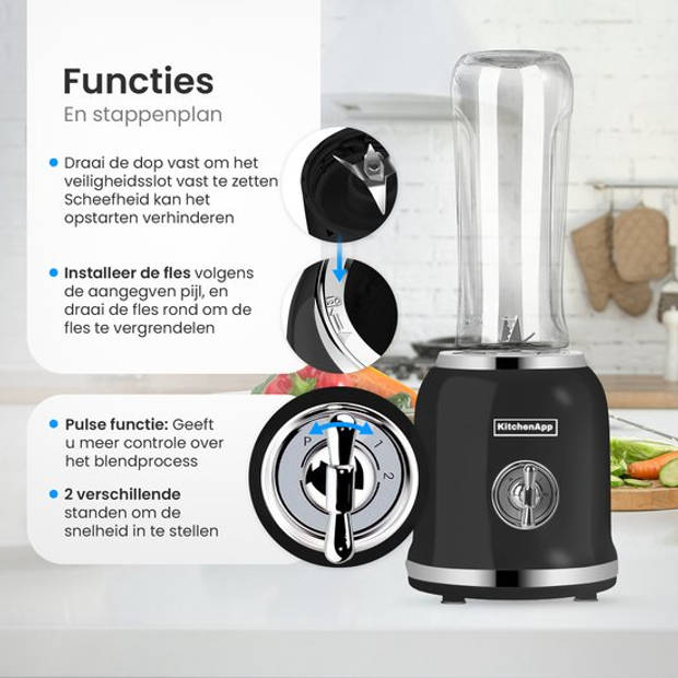 KitchenApp Blender to go - Retro blender - Smoothie maker - Inclusief twee bekers en meerdere accessoires - Zwart