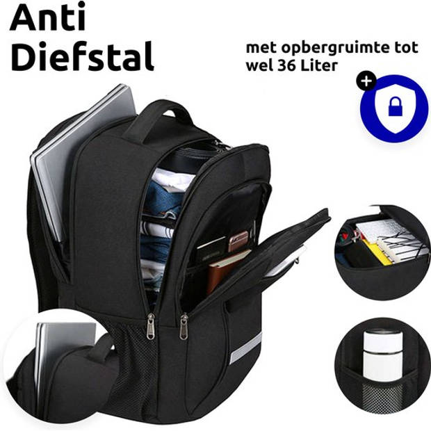 Anti Diefstal Waterdichte Rugzak Inclusief Usb Oplaadstation - 14 t/m 15.6 inch - Zwart - Met reflectie