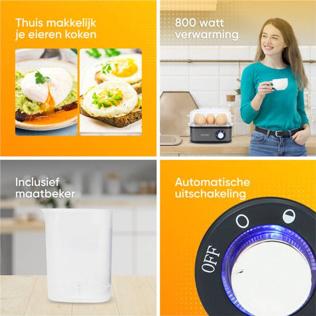 KitchenApp Eierkoker elektrisch - Geschikt voor 8 eieren - Met timer - Inclusief maatbekertje - Zilvergrijs