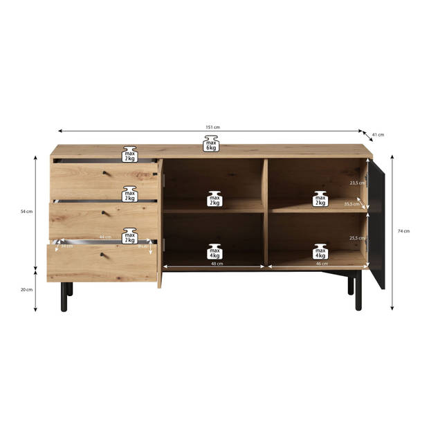 Meubella Dressoir Fiona - Eiken - Zwart - 151 cm