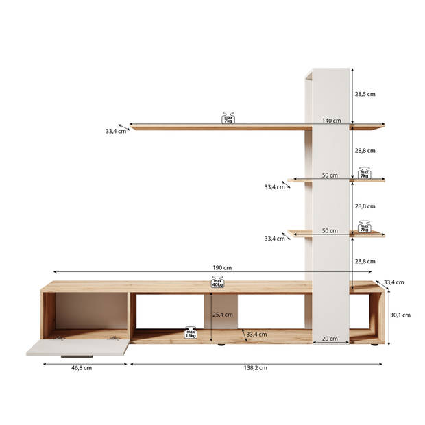 Meubella Wandmeubel Eraser - Eiken - Zwart - 190 cm