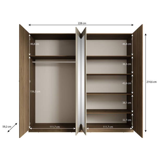 Meubella Kledingkast Valduz - Eiken - 228 cm - Met spiegel