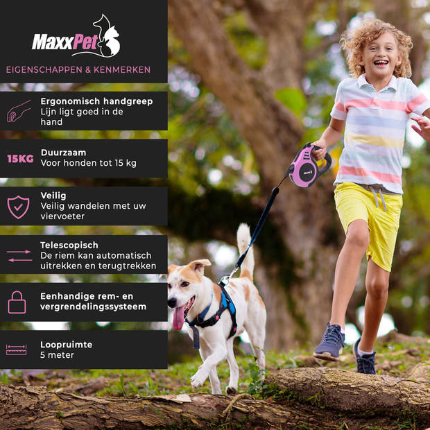 MaxxPet Hondenriem - Rollijn hond - Hondenlijn 5 meter - Halsband - met remknop - tot 15 kg - Roze