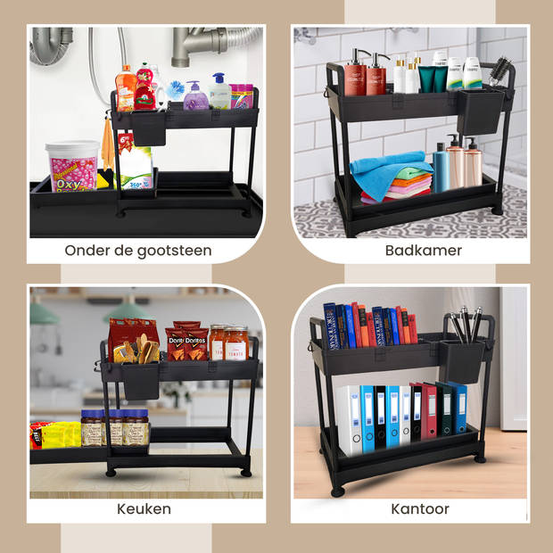 Coopley Gootsteenkast Organizer Premium Keukenrek Badkamer Organizer Uitschuifbaar Zwart