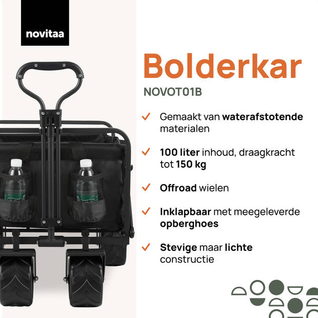 Novitaa Bolderkar - Bolderkar opvouwbaar - 150KG Draagkracht - 100L - Opberghoes - Offroad banden - Polyester - Zwart -