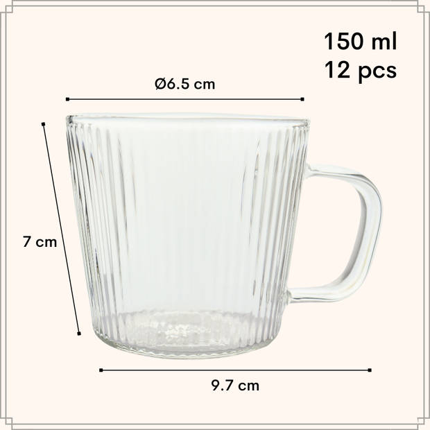 OTIX Koffiekopjes - Glazen - met Ribbel - Reliëf - Koffietassen - Set van 12 - 150ml - Glas - ROSE