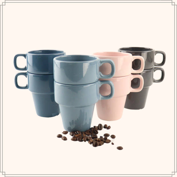 OTIX Koffiemokken - Set van 8 - met Oor - 180 ml - Koffietassen - Porselein - Multicolor - Koffiekopjes