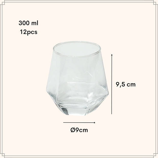 OTIX Waterglazen - Set van 12 - 300ml - Diamant vorm - Transparant - Glas