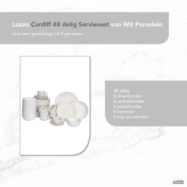 Luzzo® Cardiff Serviesset 8 persoons - 48 delig - Wit Porselein