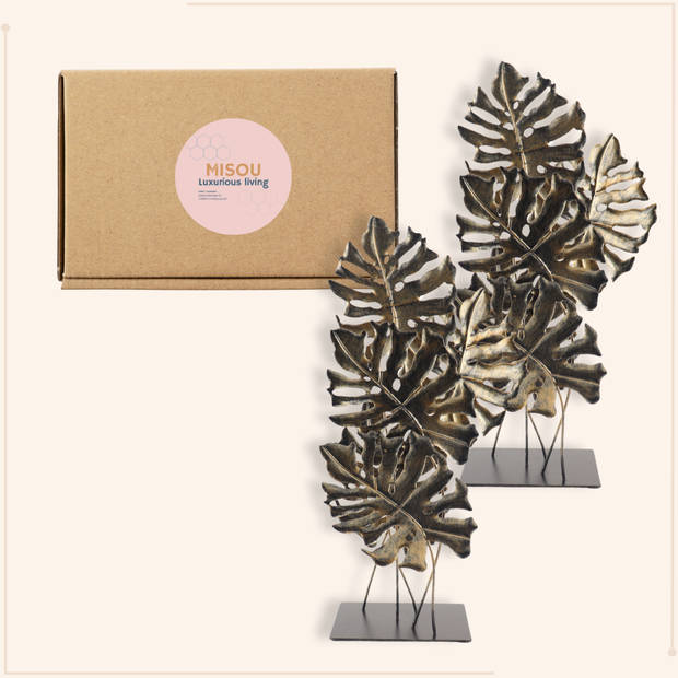 MISOU Ornament op Voet - voor Binnen - op Standaard - 2 stuks - Decoratie Monstera - Goud - 57cm - Metaal