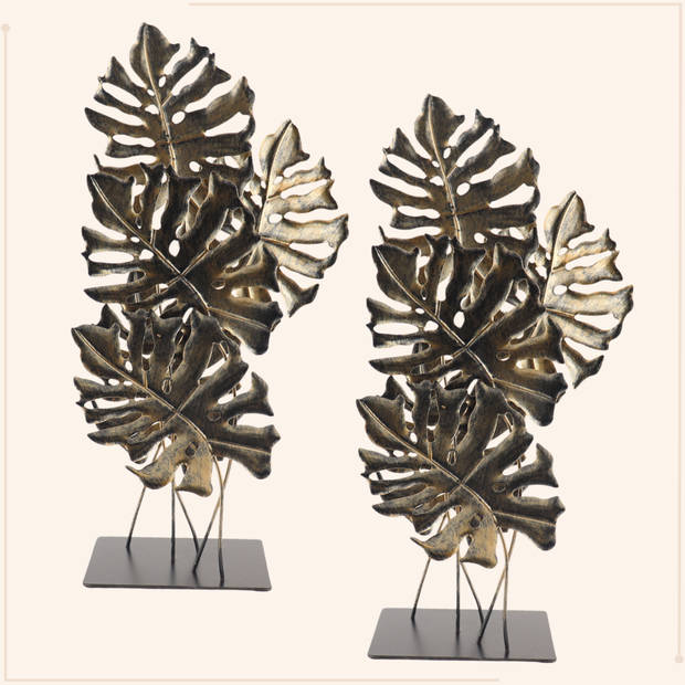 MISOU Ornament op Voet - voor Binnen - op Standaard - 2 stuks - Decoratie Monstera - Goud - 57cm - Metaal