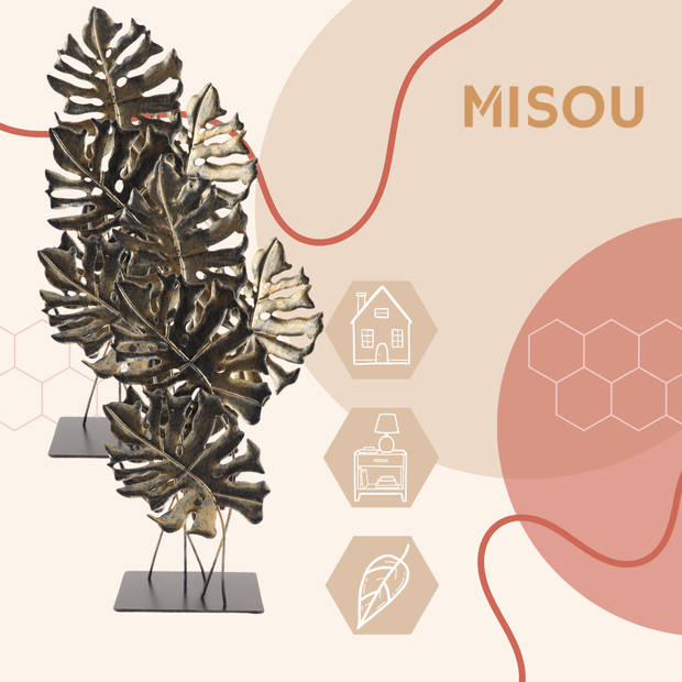 MISOU Ornament op Voet - voor Binnen - op Standaard - 2 stuks - Decoratie Monstera - Goud - 57cm - Metaal