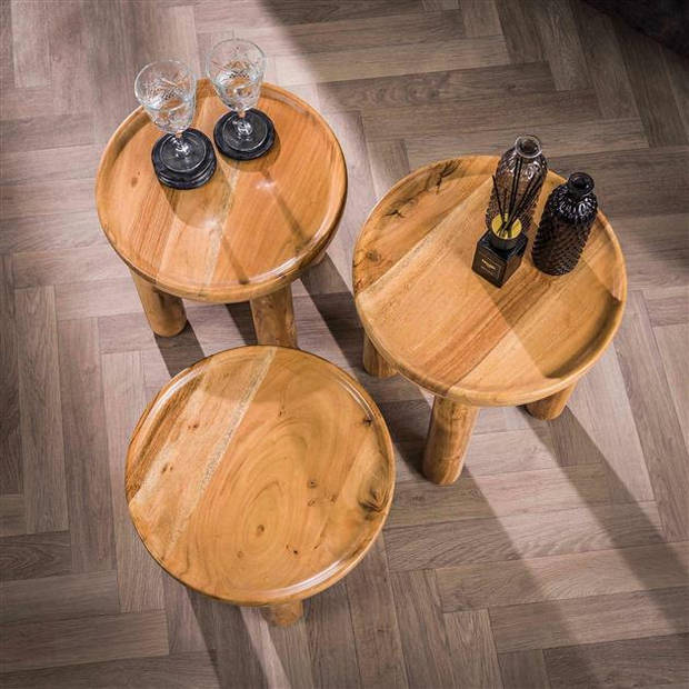 Hoyz Collection - Salontafel Massief Rond - Massief Acacia Naturel - Set van 3