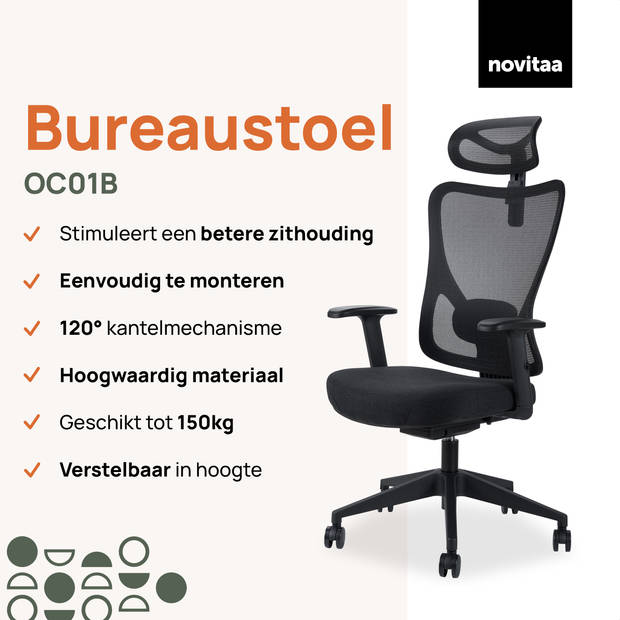 Novitaa Ergonomische Bureaustoel - Voor Volwassenen - Office Chair - Verstelbaar - Hoofdsteun - Extra Brede Zitting - Zw