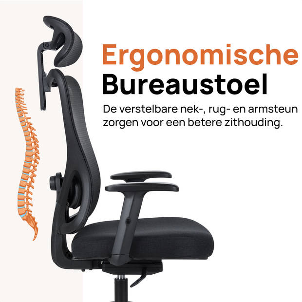 Novitaa Ergonomische Bureaustoel - Voor Volwassenen - Office Chair - Verstelbaar - Hoofdsteun - Extra Brede Zitting