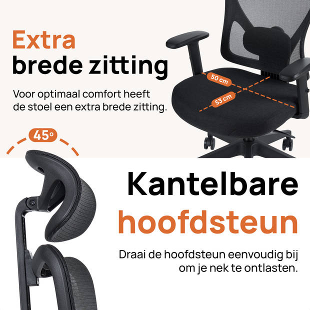 Novitaa Ergonomische Bureaustoel - Voor Volwassenen - Office Chair - Verstelbaar - Hoofdsteun - Extra Brede Zitting