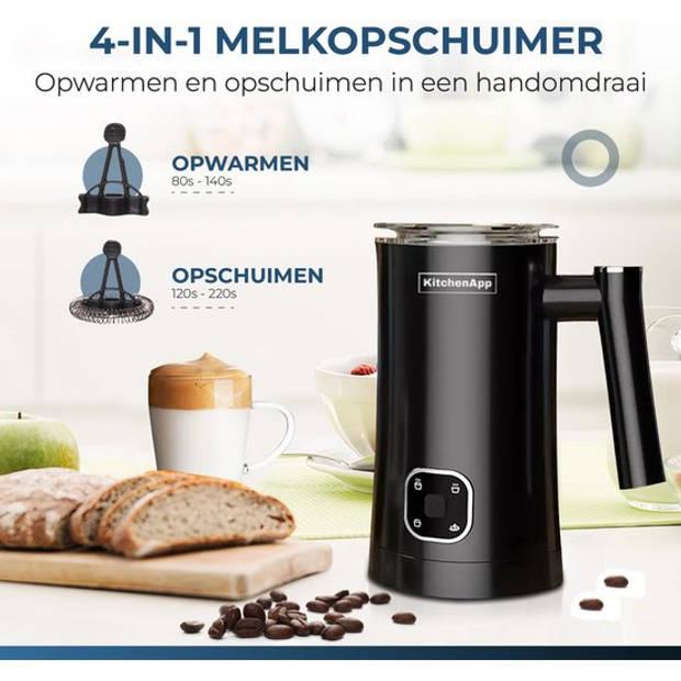 KitchenApp Melkopschuimer electrisch - Opschuimen en verwarmen - 4 in 1 - 350ML - Zwart