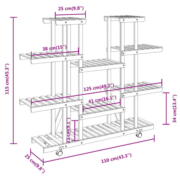 vidaXL Plantenstandaard met wielen 110x25x115 cm massief vurenhout