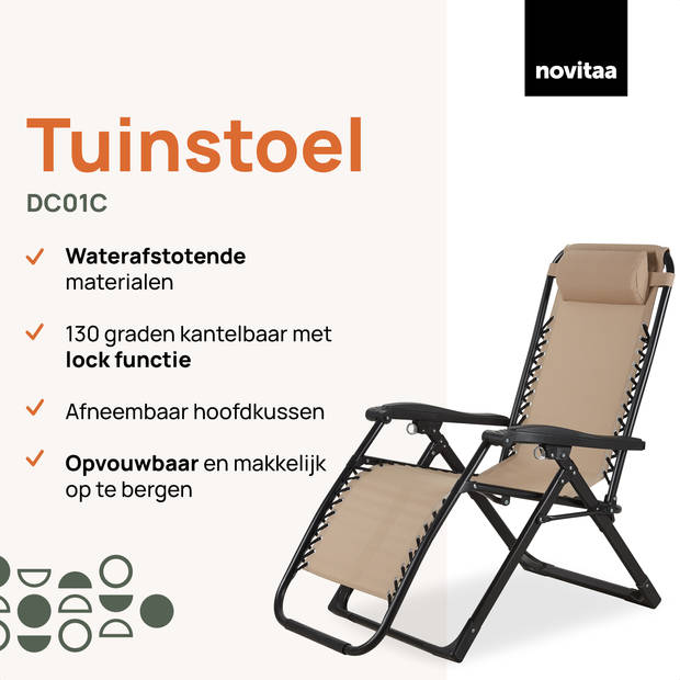 Novitaa Tuinstoel - Campingstoel - Ligstoel - Opvouwbaar - Inclusief hoofdkussen - 30° -90° kantelbaar - RVS - Textilene