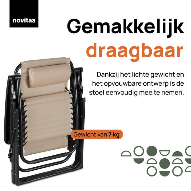 Novitaa Tuinstoel - Campingstoel - Ligstoel - Opvouwbaar - Inclusief hoofdkussen - 30° -90° kantelbaar - RVS - Textilene