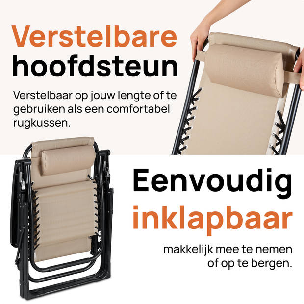 Novitaa Tuinstoel - Campingstoel - Ligstoel - Opvouwbaar - Inclusief hoofdkussen - 30° -90° kantelbaar - RVS - Textilene