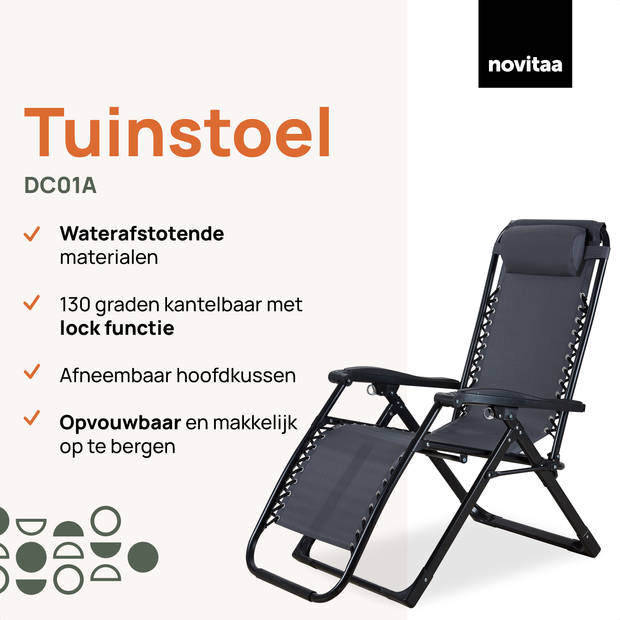 Novitaa Tuinstoel - Campingstoel - Ligstoel - Opvouwbaar - Inclusief hoofdkussen - 30° -90° kantelbaar - RVS - Textilene