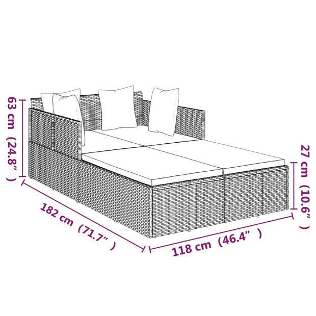 vidaXL Ligbed met kussens 182x118x63 cm poly rattan bruin