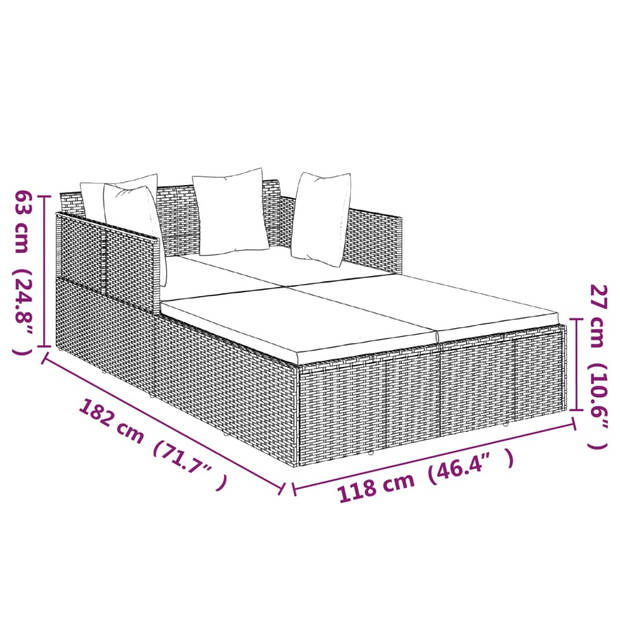 vidaXL Ligbed met kussens 182x118x63 cm poly rattan zwart