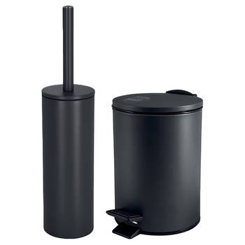 Spirella Badkamer/toilet accessoires set - toiletborstel en pedaalemmer - 5L - metaal - zwart - Badkameraccessoireset