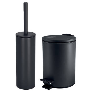 Spirella Badkamer/toilet accessoires set - toiletborstel en pedaalemmer - 3L - metaal - zwart - Badkameraccessoireset