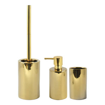 Spirella Badkamer accessoires set - WC-borstel/zeeppompje/beker - porselein - goud - Badkameraccessoireset